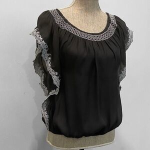 Ya Los Angeles Black Blouse with Lace Trim Size Small Elegant Casual Top